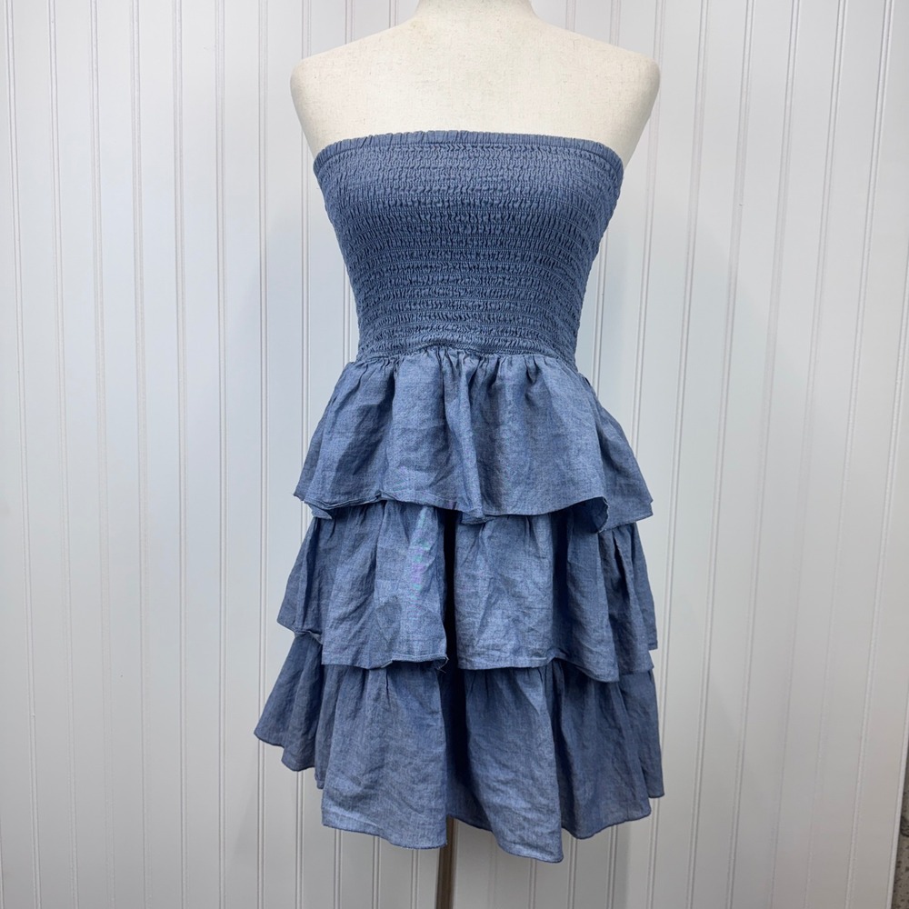 Old Navy Strapless Mini Dress Womens S Blue Smocked Tiered Ruffle Boho‎ Coastal